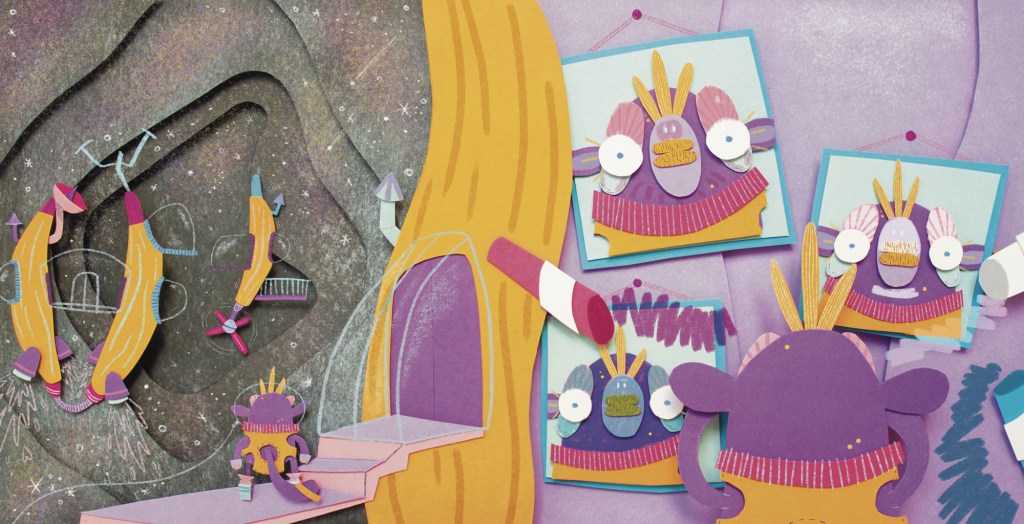 Doble página para cuento infantil ilustrado "Nico el mono galáctico"