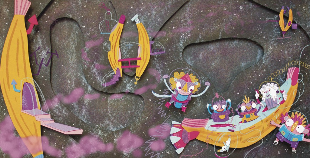 Doble página para cuento infantil ilustrado "Nico el mono galáctico"