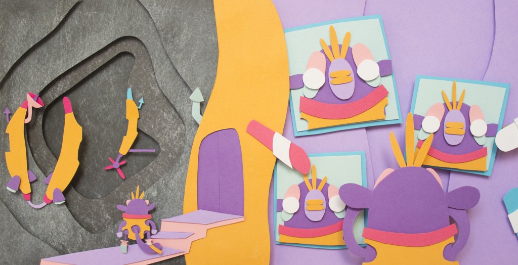 Ilustración base en papercut, para el cuento infantil ilsutrado "Nico el mono galáctico