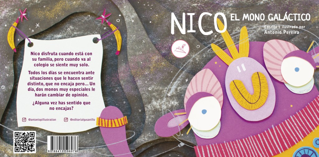 Portada y contra para el cuento infantil ilustrado "Nico el mono galáctico