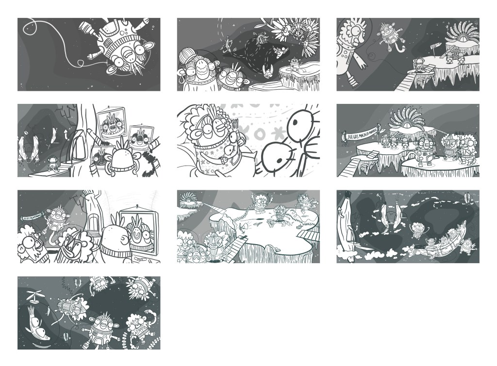 "Nico el mono galáctico", storyboard para el cuento infantil ilustrado